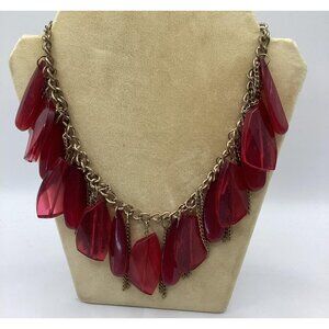 Cherry Red Dangling Acrylic Bauble Gold Tone Chain Statement Necklace